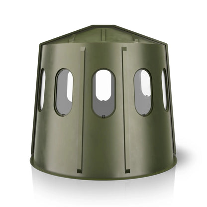 Maverick 6 Shooter green deer hunting blind rear view with clear windows, compact ground blind sold by Outdoors For Less