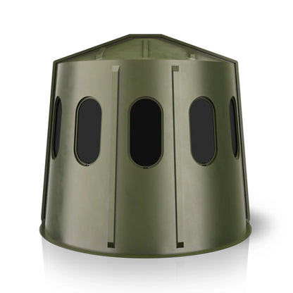 Maverick 6 Shooter green deer hunting blind rear view with tinted windows, compact ground blind sold by Outdoors For Less