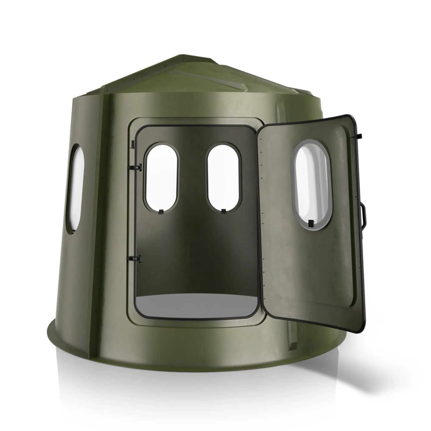 Maverick 6 Shooter green deer hunting blind with front door open and clear windows, interior access view sold by Outdoors For Less