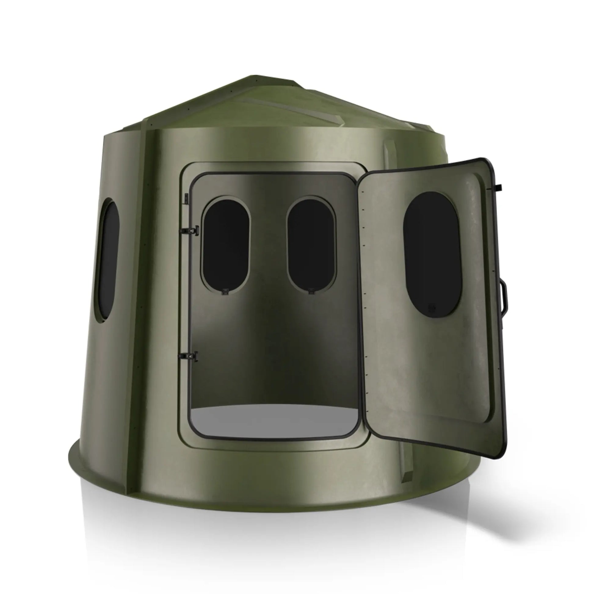 Maverick 6 Shooter green deer hunting blind with front door open and tinted windows, easy-access ground blind sold by Outdoors For Less