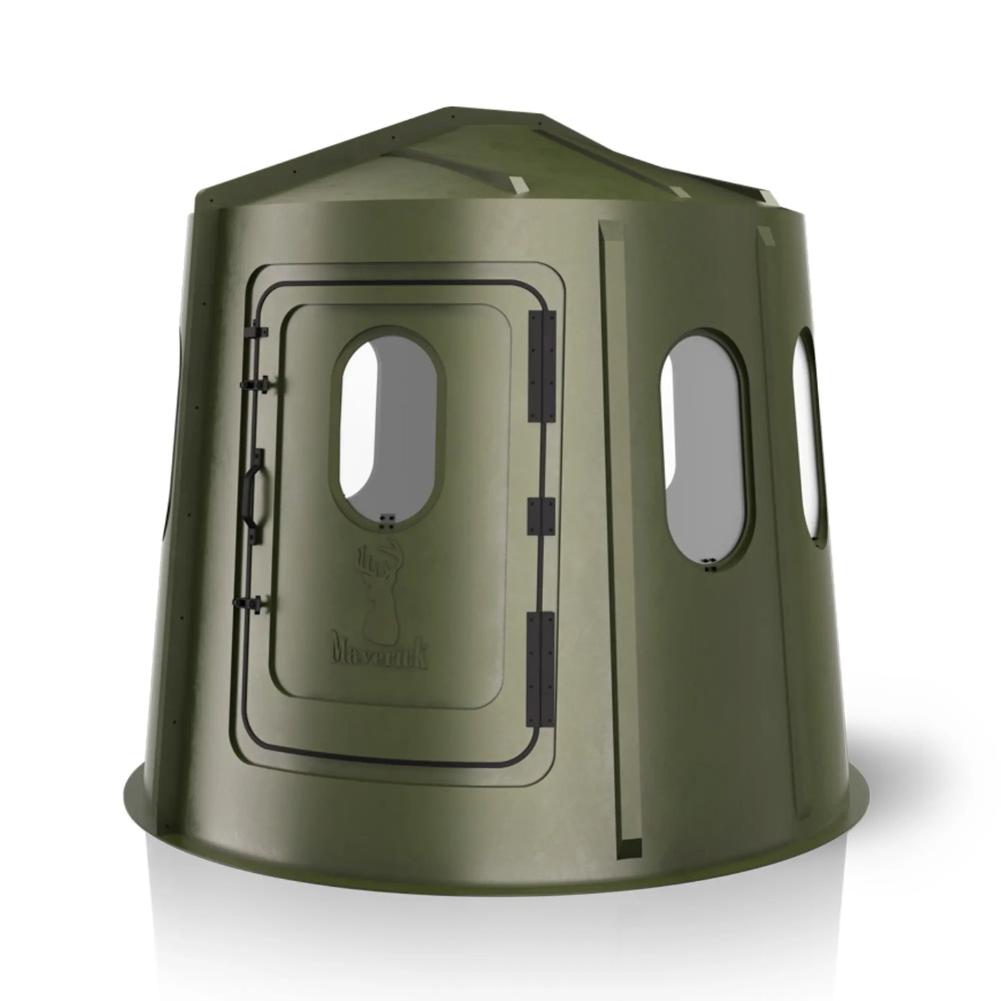 Maverick 6 Shooter green deer hunting blind front view with clear windows, wide-visibility ground blind sold by Outdoors For Less