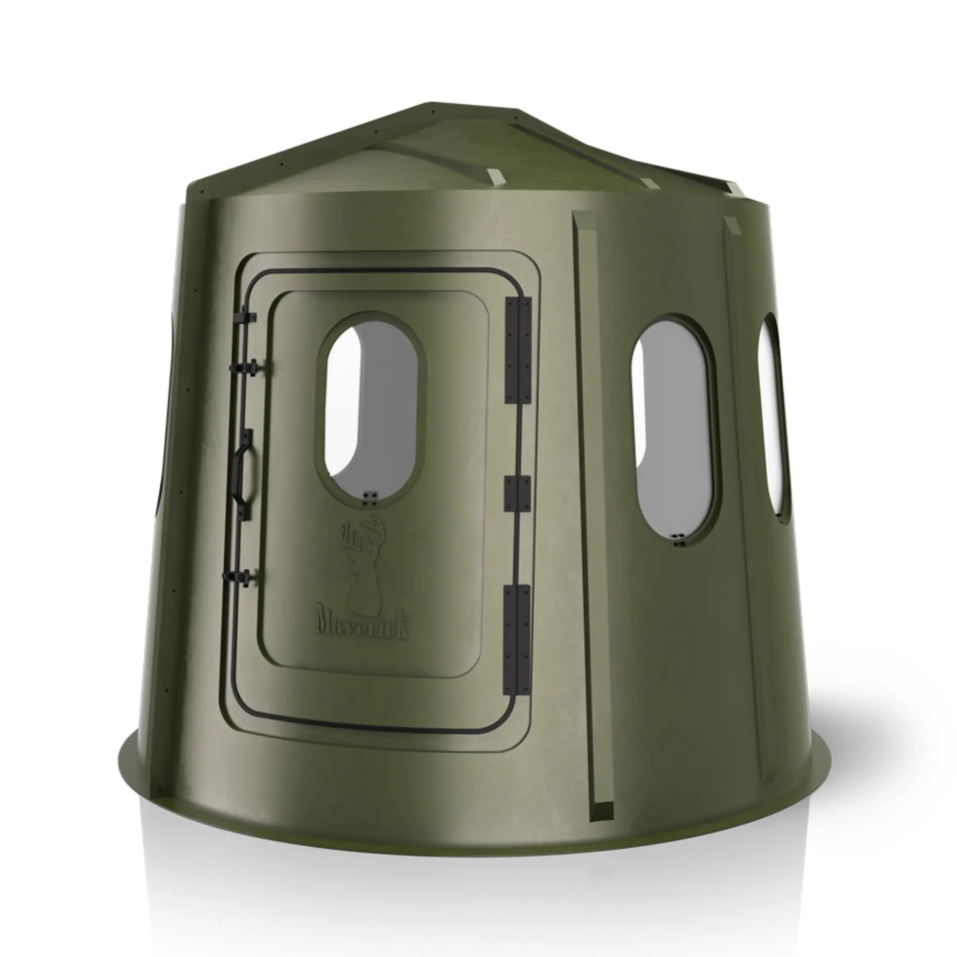 Maverick 6 Shooter green deer hunting blind front view with clear windows, wide-visibility ground blind sold by Outdoors For Less