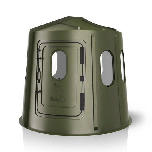 Maverick 6 Shooter green deer hunting blind front view with clear windows, wide-visibility ground blind sold by Outdoors For Less