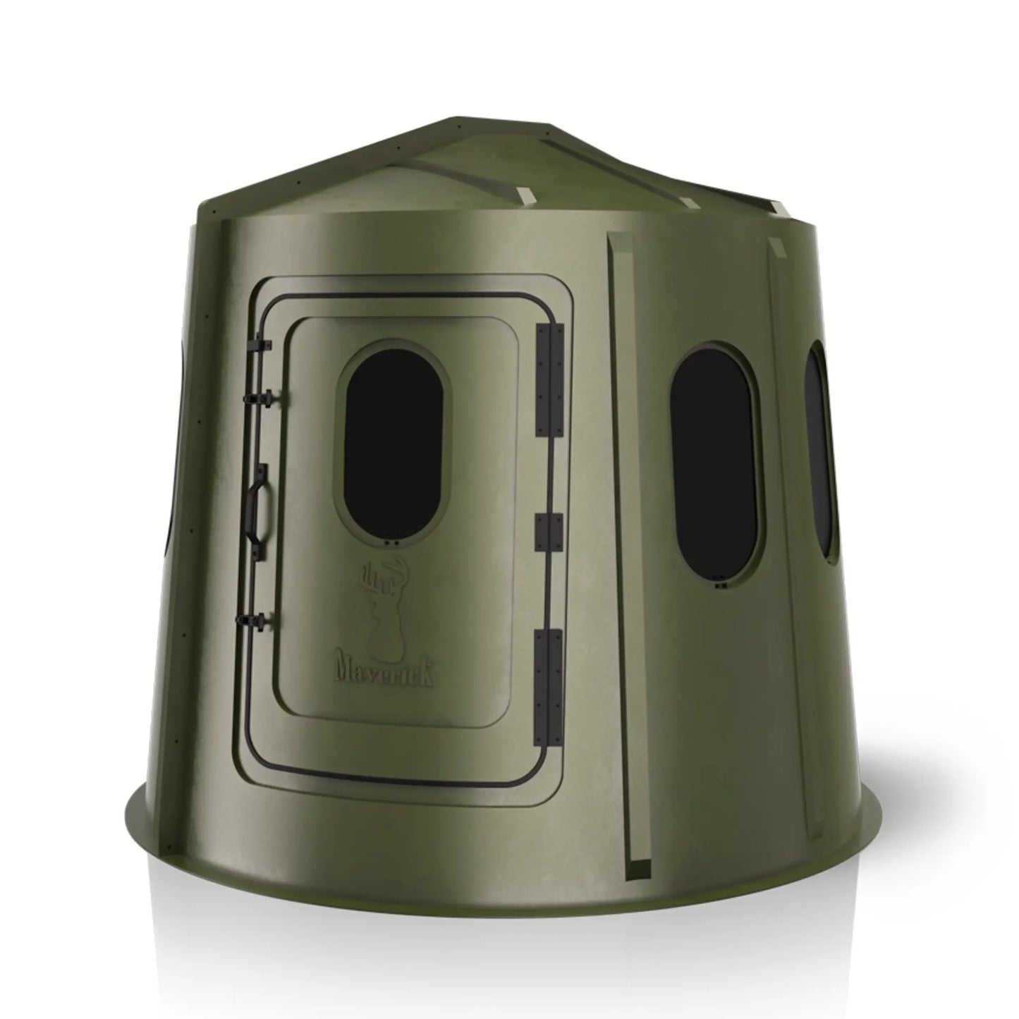 Maverick 6 Shooter green deer hunting blind front view with tinted windows, low-profile ground blind sold by Outdoors For Less