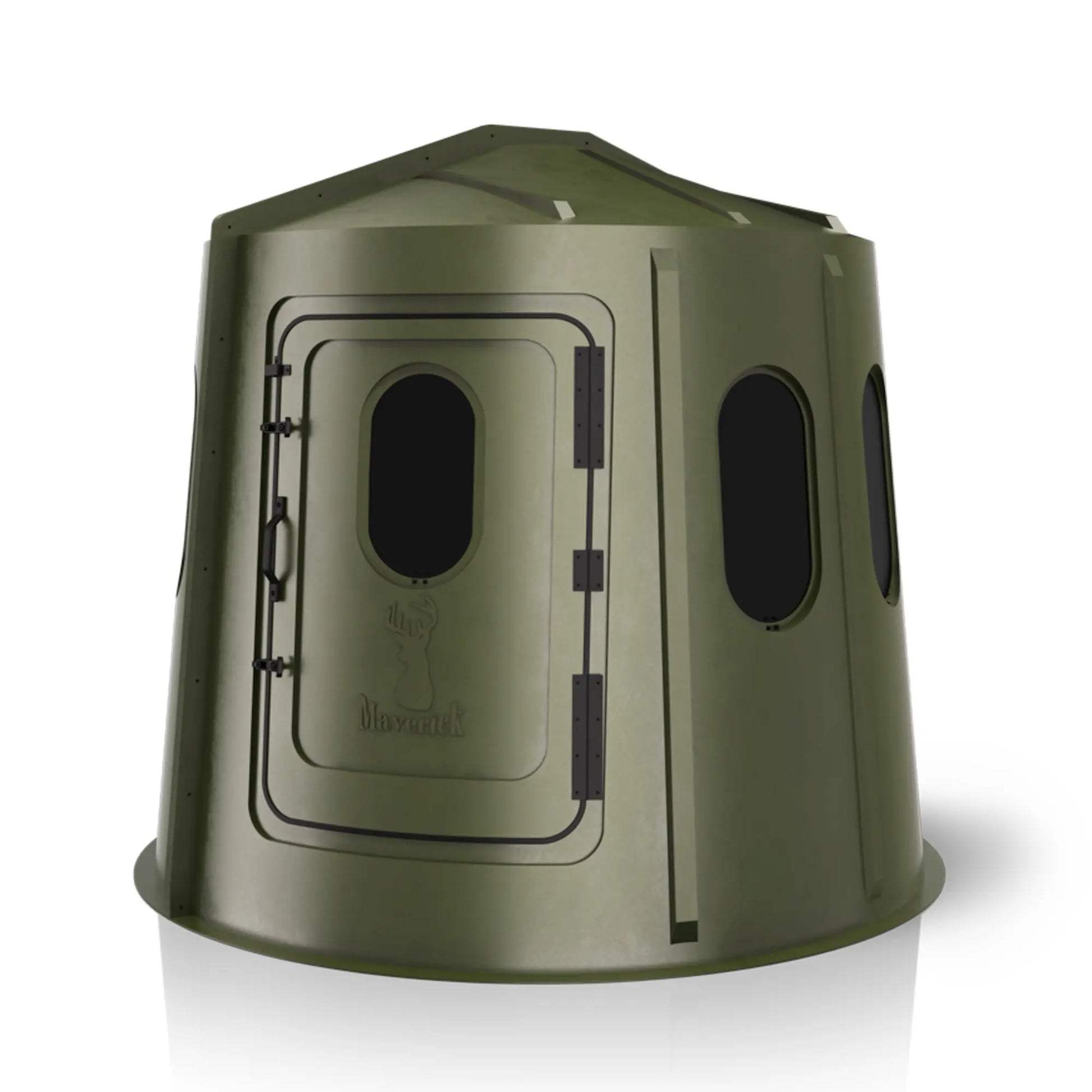 Maverick 6 Shooter green deer hunting blind front view with tinted windows, low-profile ground blind sold by Outdoors For Less