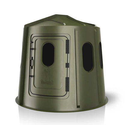 Maverick 6 Shooter green deer hunting blind front view with tinted windows, low-profile ground blind sold by Outdoors For Less