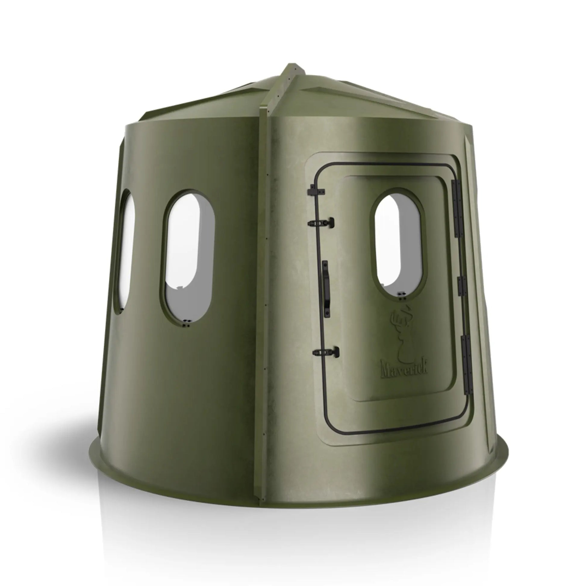 Maverick 6 Shooter green deer hunting blind left side view with clear windows, durable ground blind sold by Outdoors For Less