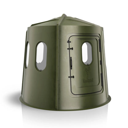 Maverick 6 Shooter green deer hunting blind left side view with clear windows, durable ground blind sold by Outdoors For Less