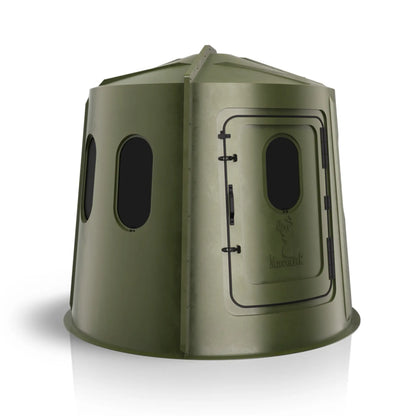 Maverick 6 Shooter green deer hunting blind left side view with tinted windows, concealment-focused ground blind sold by Outdoors For Less