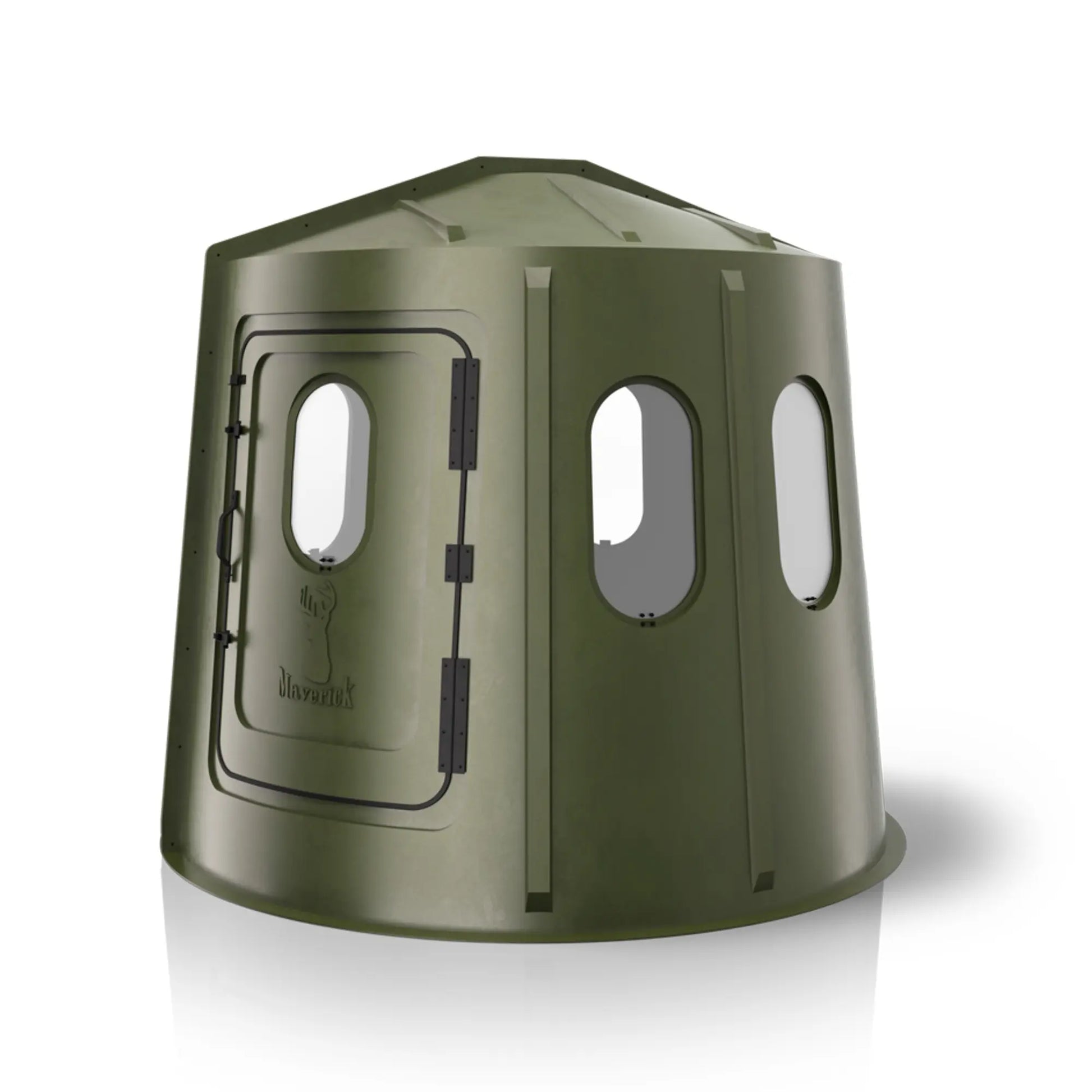 Maverick 6 Shooter green deer hunting blind right side view with clear windows, compact ground blind sold by Outdoors For Less