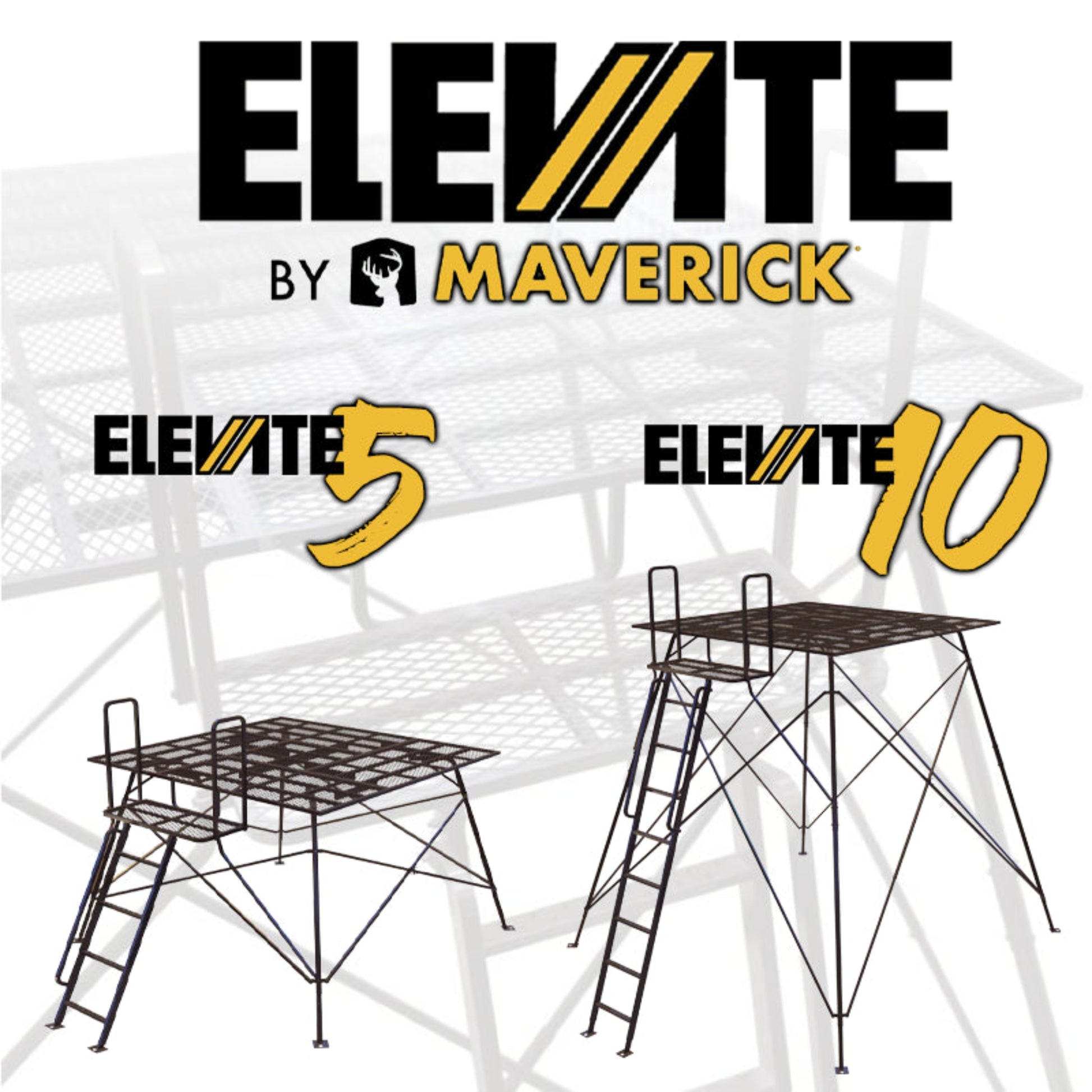 Maverick Elevate hunting towers shown in 5-foot and 10-foot heights, featuring rugged steel construction and stable platforms for elevated deer hunting.