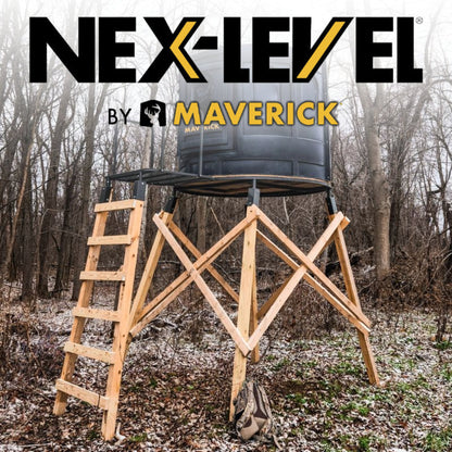 Nex-Level by Maverick elevated hunting platform shown in the field, delivering a stable, high-visibility vantage point for safer, more effective deer hunting.