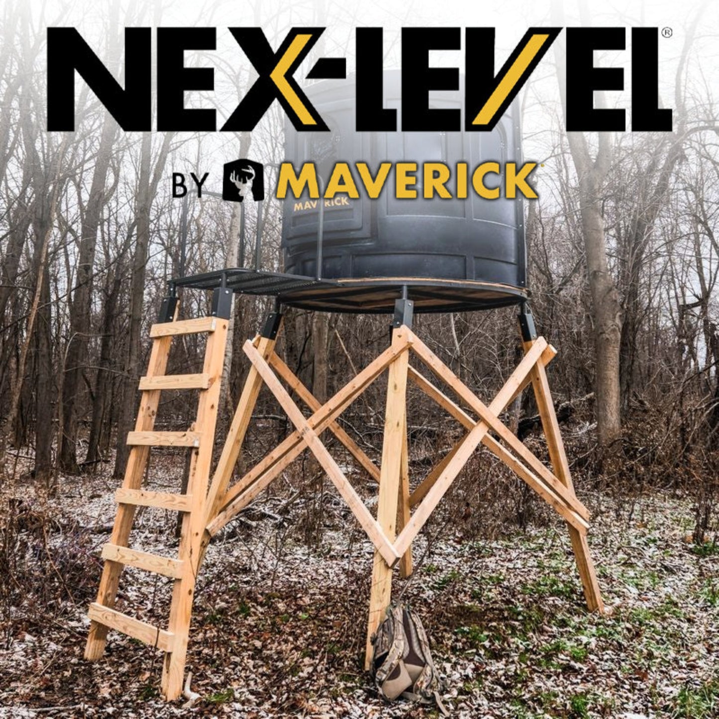 Maverick Nex-Level elevated hunting platform with wooden support structure and ladder holding a deer blind in a wooded setting, sold by Outdoors For Less