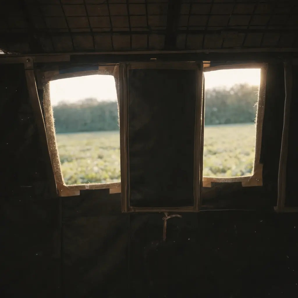 Interior view from inside Muddy Bale Blind with shooting windows visible