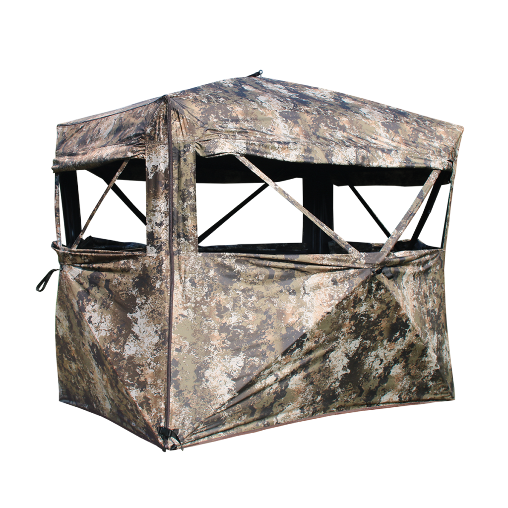 Muddy The Garage hunting blind with large box blind design and multiple windows