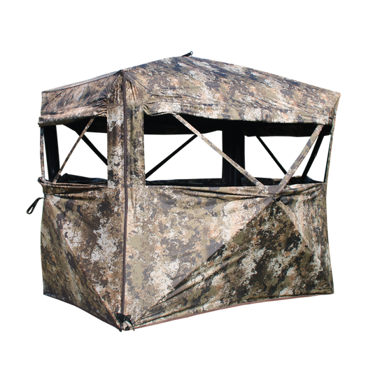 Muddy The Garage hunting blind with large box blind design and multiple windows