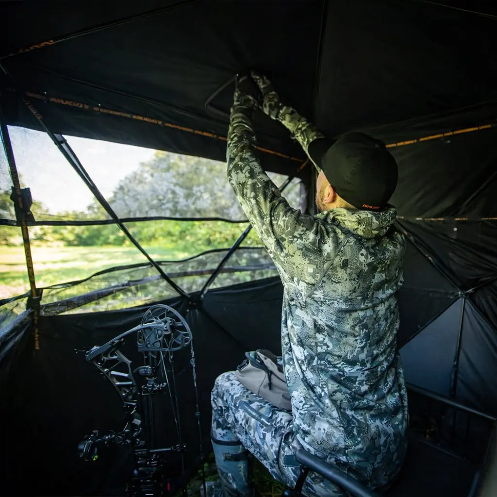 Interior detail of Muddy Infinity 2-Man hunting blind showing window configuration