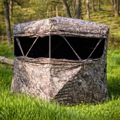 Muddy Infinity 2-Man ground hunting blind front view with shooting windows open