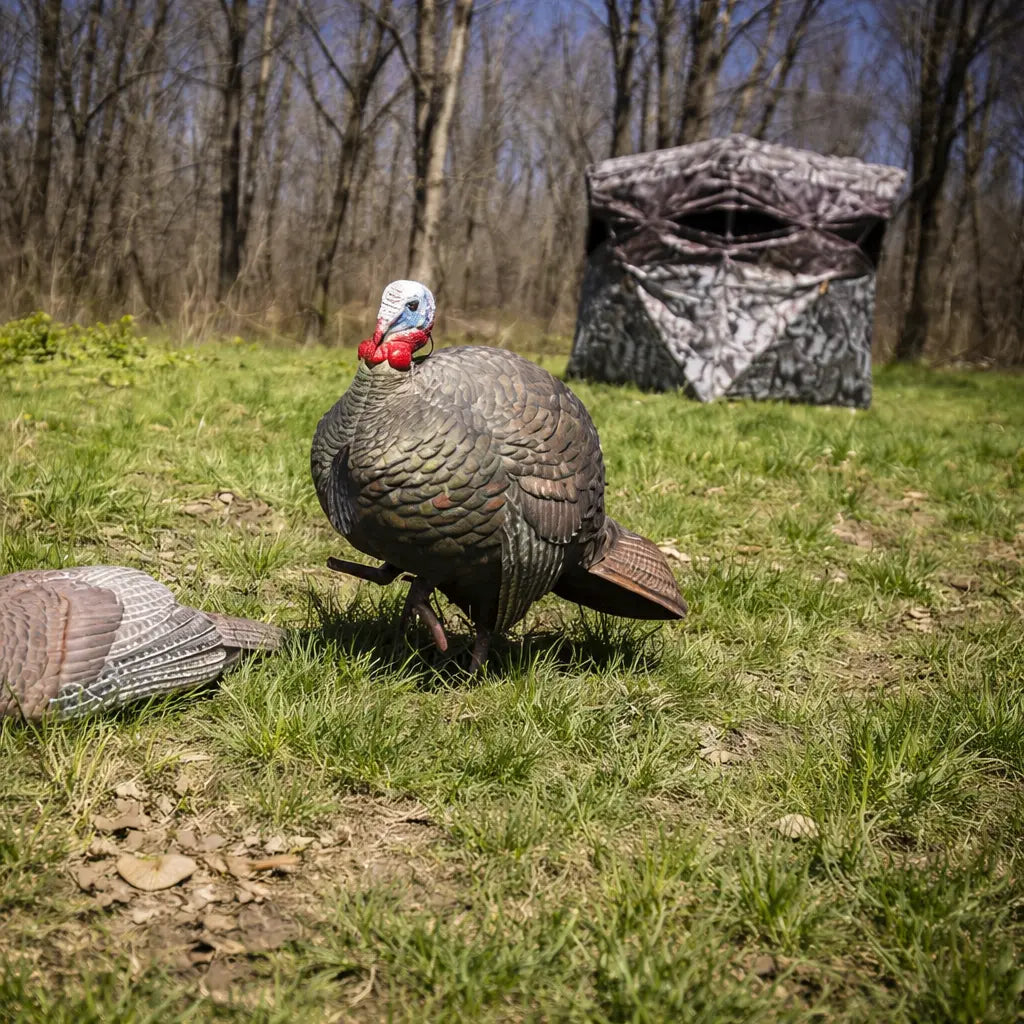 Wild turkey walking near Muddy Infinity 2-Man ground hunting blind