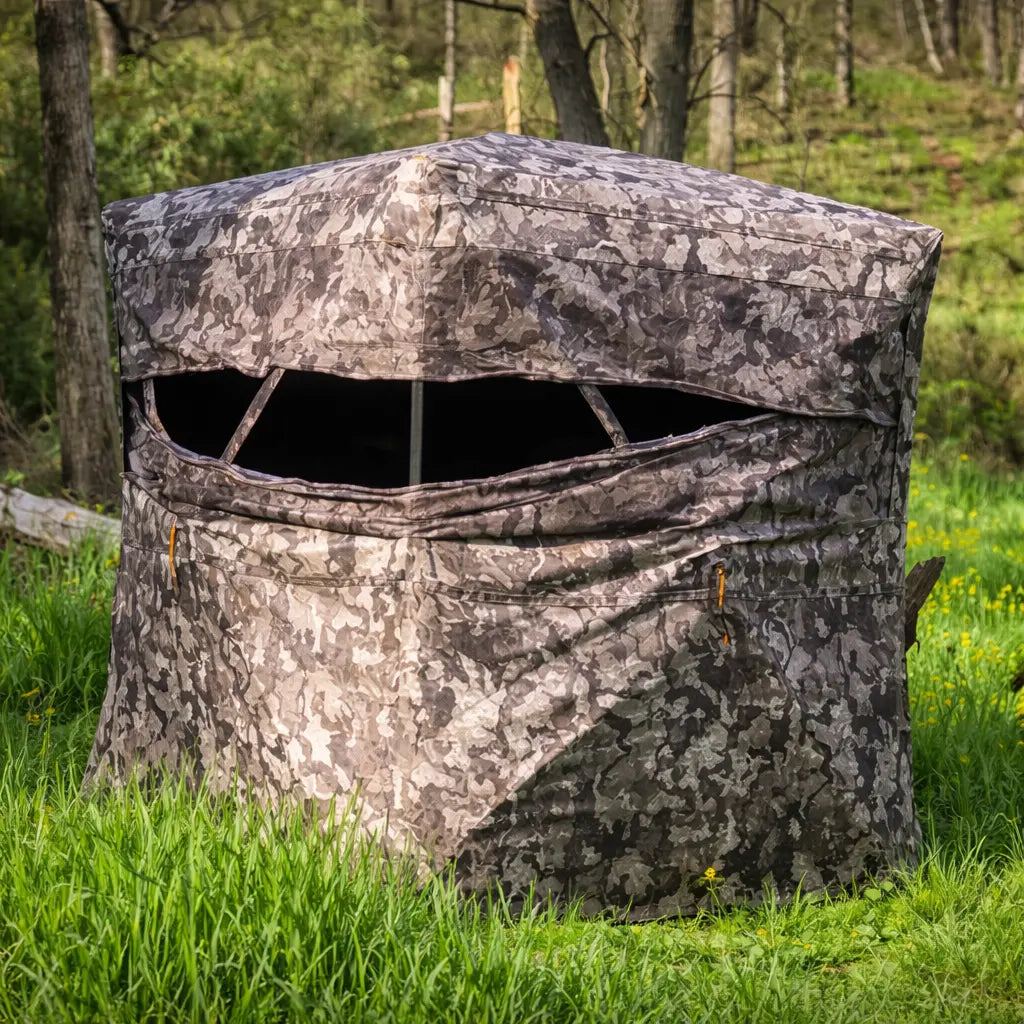 Muddy Infinity 2-Man ground hunting blind angled exterior view in grassy field