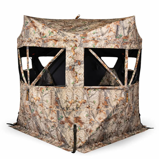 Muddy Twin Peaks ground hunting blind front view with dual shooting windows