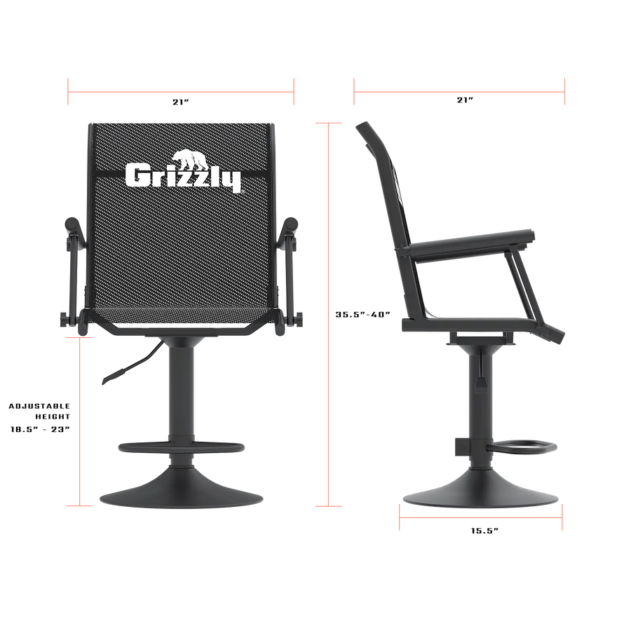 Black mesh swivel barstool shown from front and side views with red dimension lines and text indicating measurements including 21 inches width, 35.5-48 inches height, and 15.