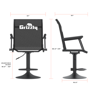 Black mesh swivel barstool shown from front and side views with red dimension lines and text indicating measurements including 21 inches width, 35.5-48 inches height, and 15.