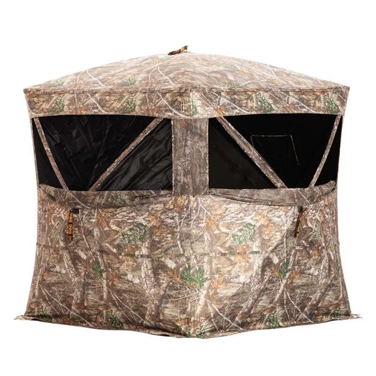 Rhino ground hunting blind in Realtree camo front view with shooting windows open