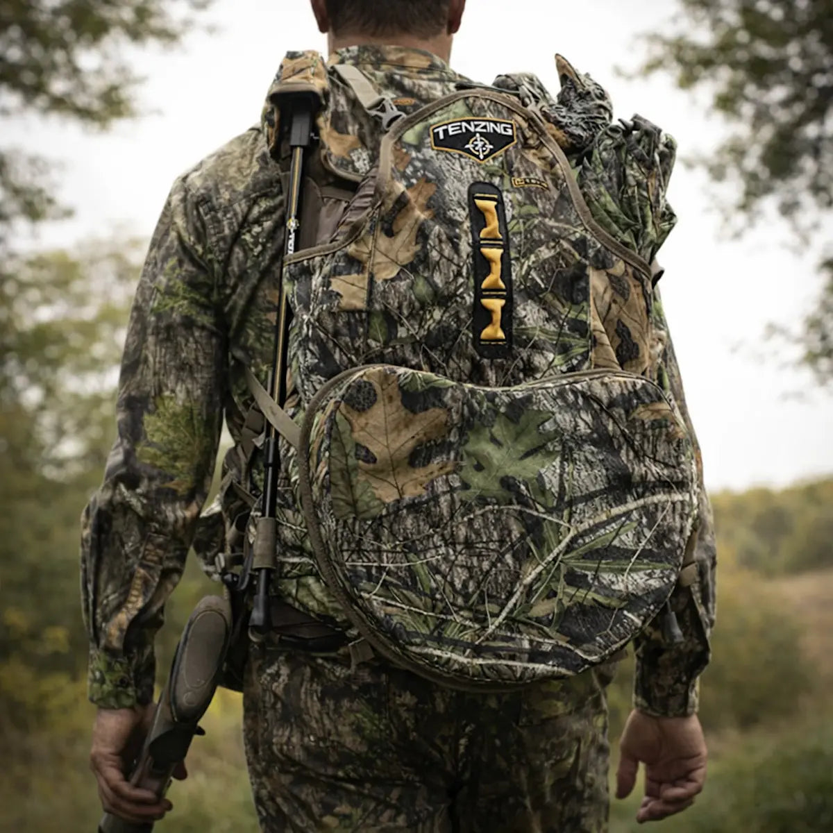Front view of Tenzing Turkey Recliner vest worn by hunter
