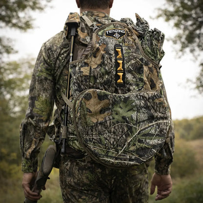Front view of Tenzing Turkey Recliner vest worn by hunter