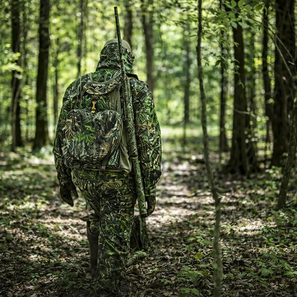 Hunter wearing Tenzing Turkey Recliner vest in wooded environment