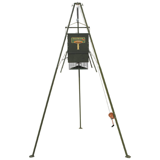 Full-length view of the Texas Hunter 300 lb trophy deer feeder with an EZ Lift System tripod and manual crank
