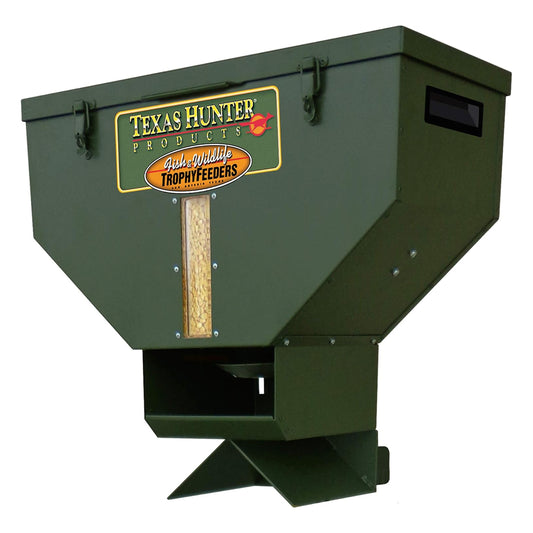 Angled side view of the Texas Hunter 50 lb road corn feeder with wireless remote control

