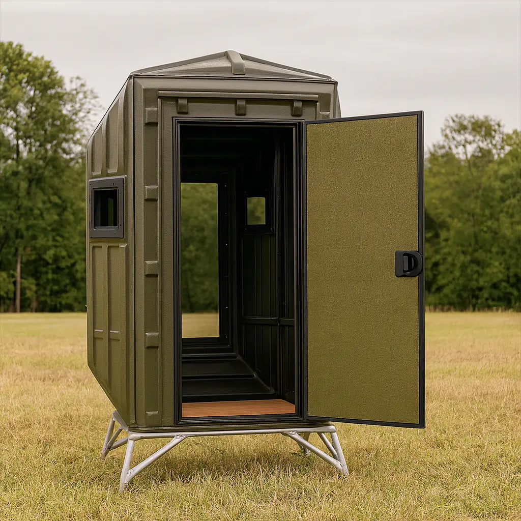 The Blynd 4x4 Bow Hunting Deer Blind with open door revealing interior, placed in a grassy field with dense tree line—engineered for bow hunters seeking quiet access and concealment.