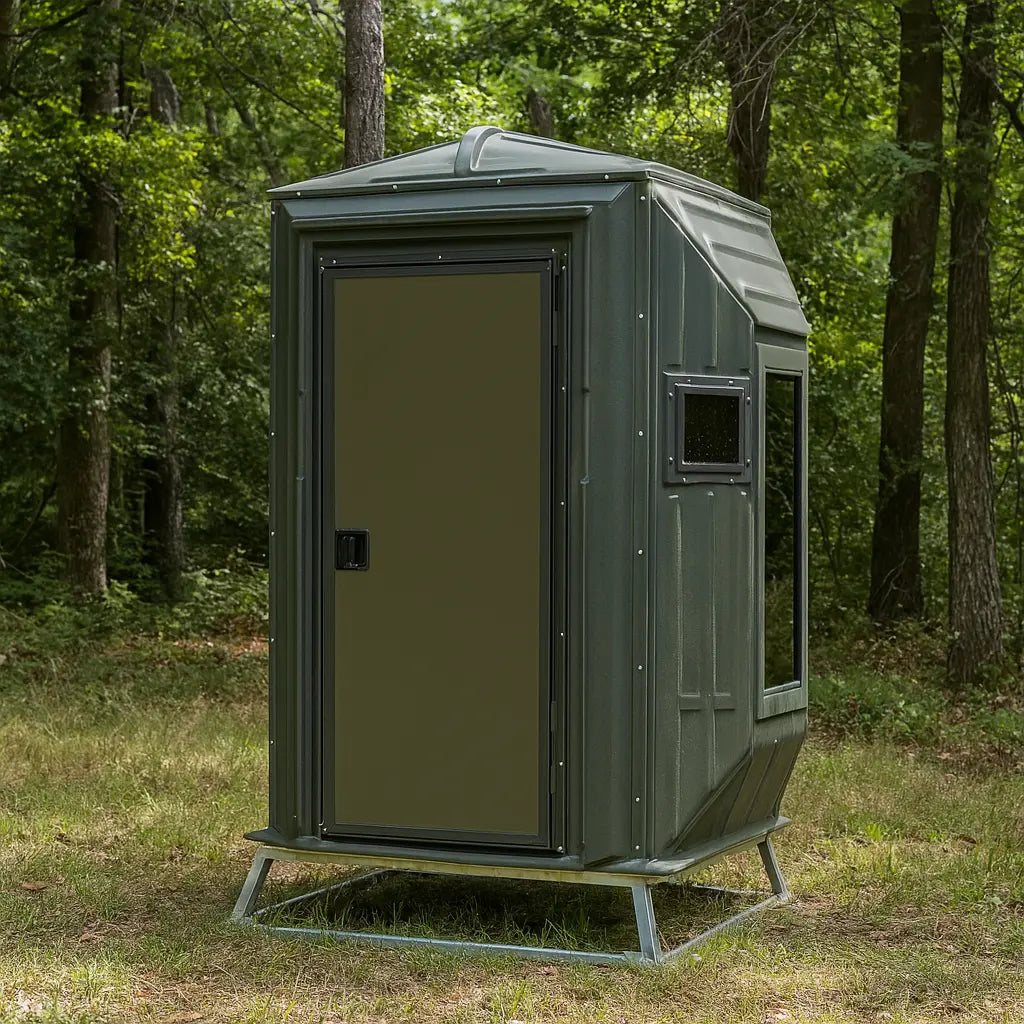 The Blynd 4x4 Bow Hunting Deer Blind with solid door and tinted windows, shown in a forest clearing for concealed bow hunting.