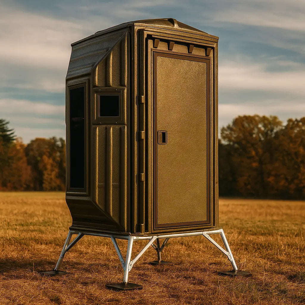 The Blynd 4x4 Bow Hunting Deer Blind with textured brown exterior and metal base, set in an open field with autumn trees in the background, ideal for low-profile bow hunting concealment.
