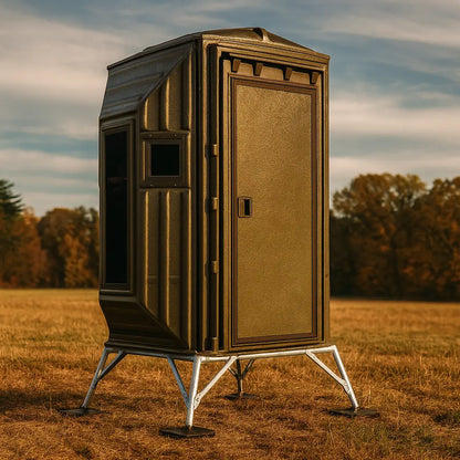 The Blynd 4x4 Bow Hunting Deer Blind with textured brown exterior and metal base, set in an open field with autumn trees in the background, ideal for low-profile bow hunting concealment.