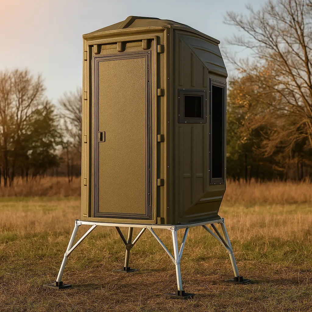 The Blynd 4x4 Bow Hunting Deer Blind elevated on sturdy metal legs in an open field at sunset, featuring textured door and side shooting windows for bow hunting concealment.