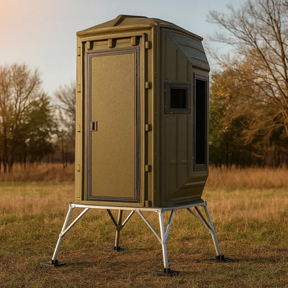 The Blynd 4x4 Bow Hunting Deer Blind elevated on sturdy metal legs in an open field at sunset, featuring textured door and side shooting windows for bow hunting concealment.