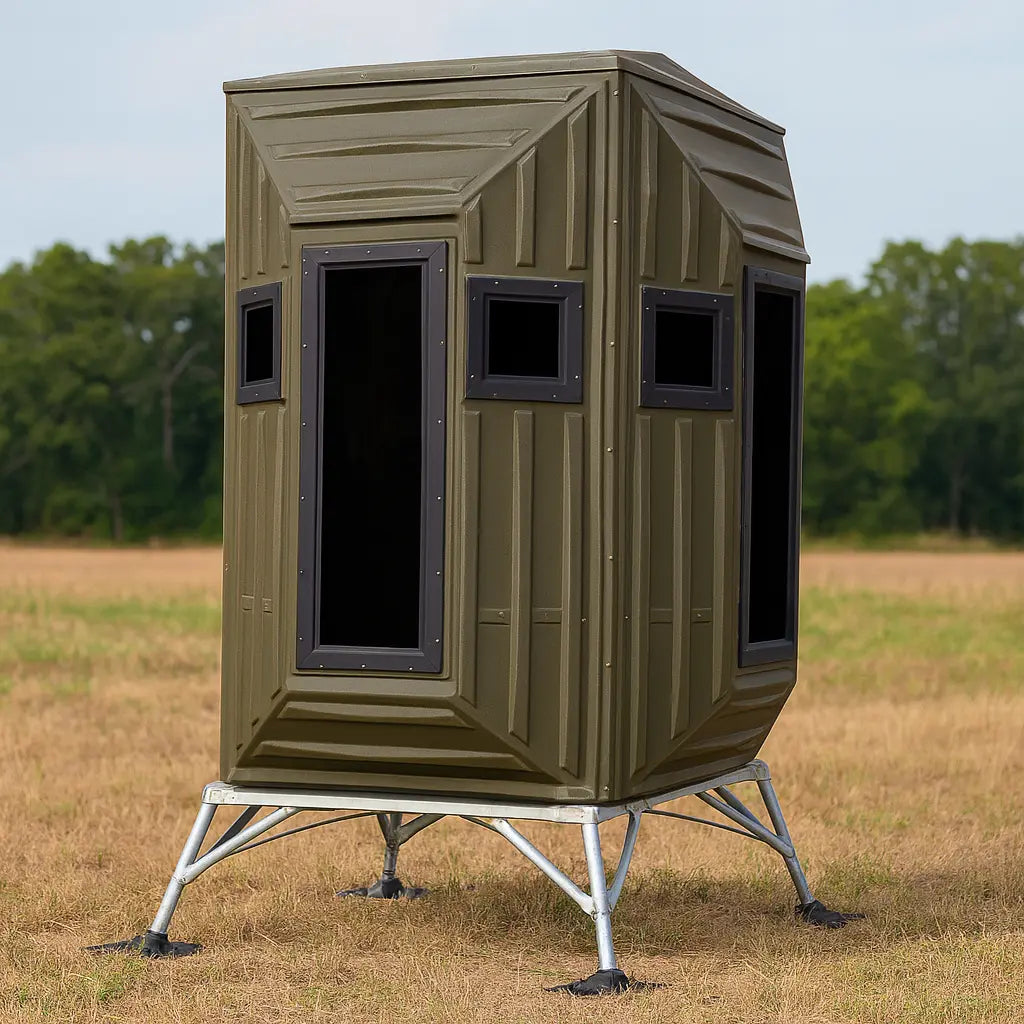 The Blynd 4x4 Bow Hunting Deer Blind with windows on both sides, set in a golden field for full panoramic coverage and concealment.