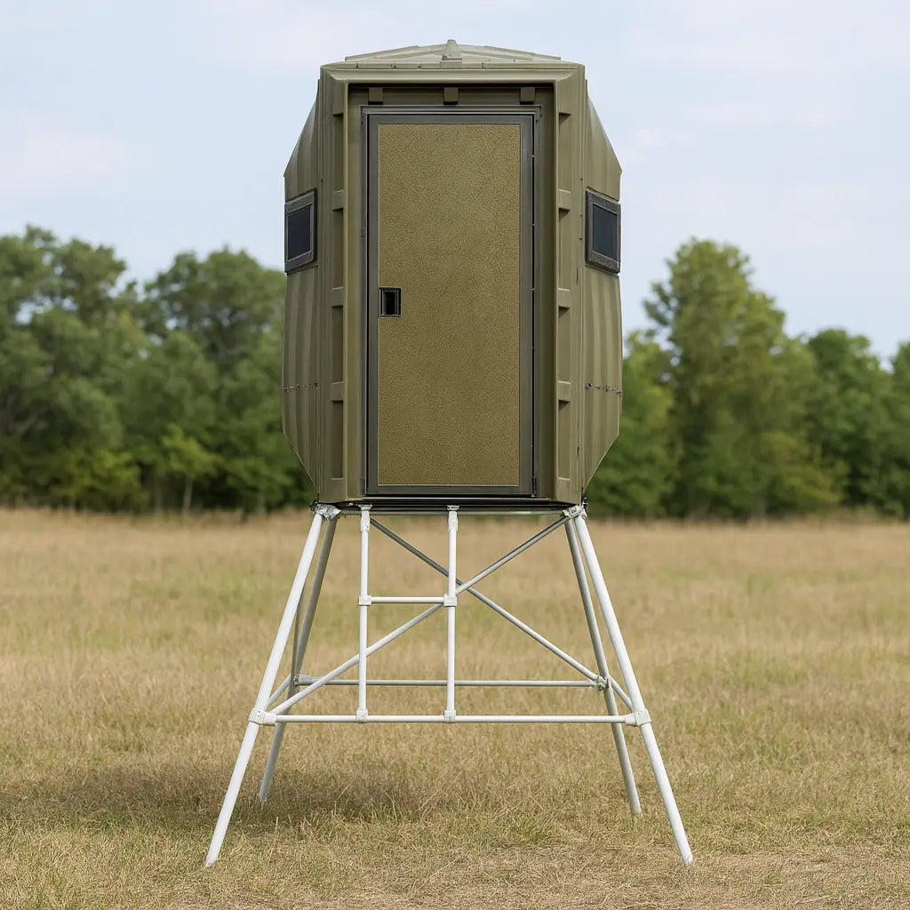 The Blynd 4x4 Bow Hunting Deer Blind elevated in a grassy field with trees in the distance, ideal for visibility and scent control.