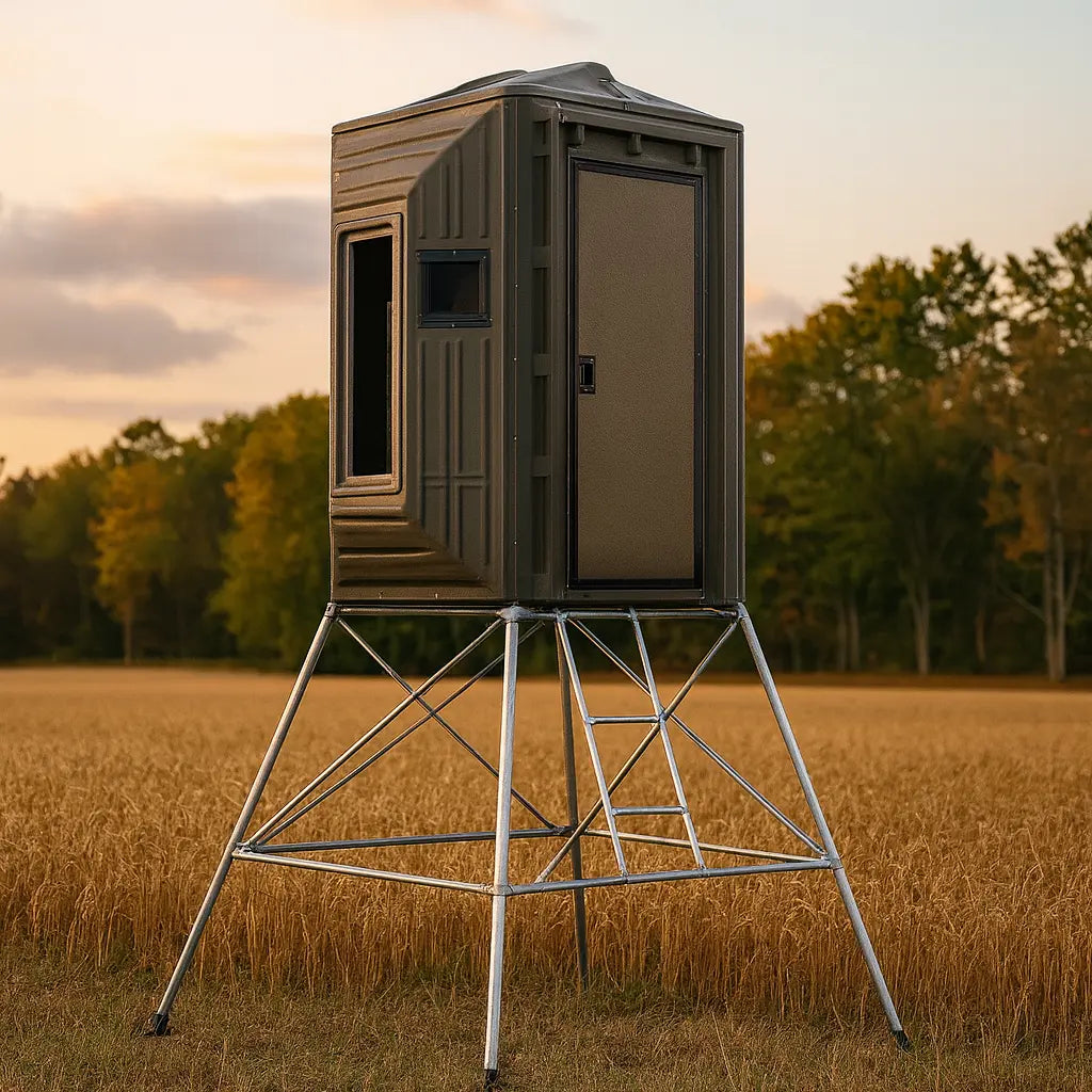 The Blynd 4x4 Bow Hunting Deer Blind elevated on a tall metal tower in a golden wheat field at sunset, designed for enhanced visibility and scent control during bow hunts.

