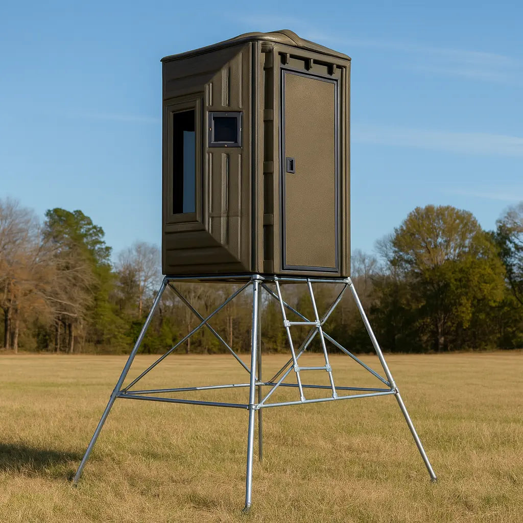 The Blynd 4x4 Bow Hunting Deer Blind elevated on a tall metal stand in an open field with trees in the background, offering maximum visibility and scent control for bow hunters.