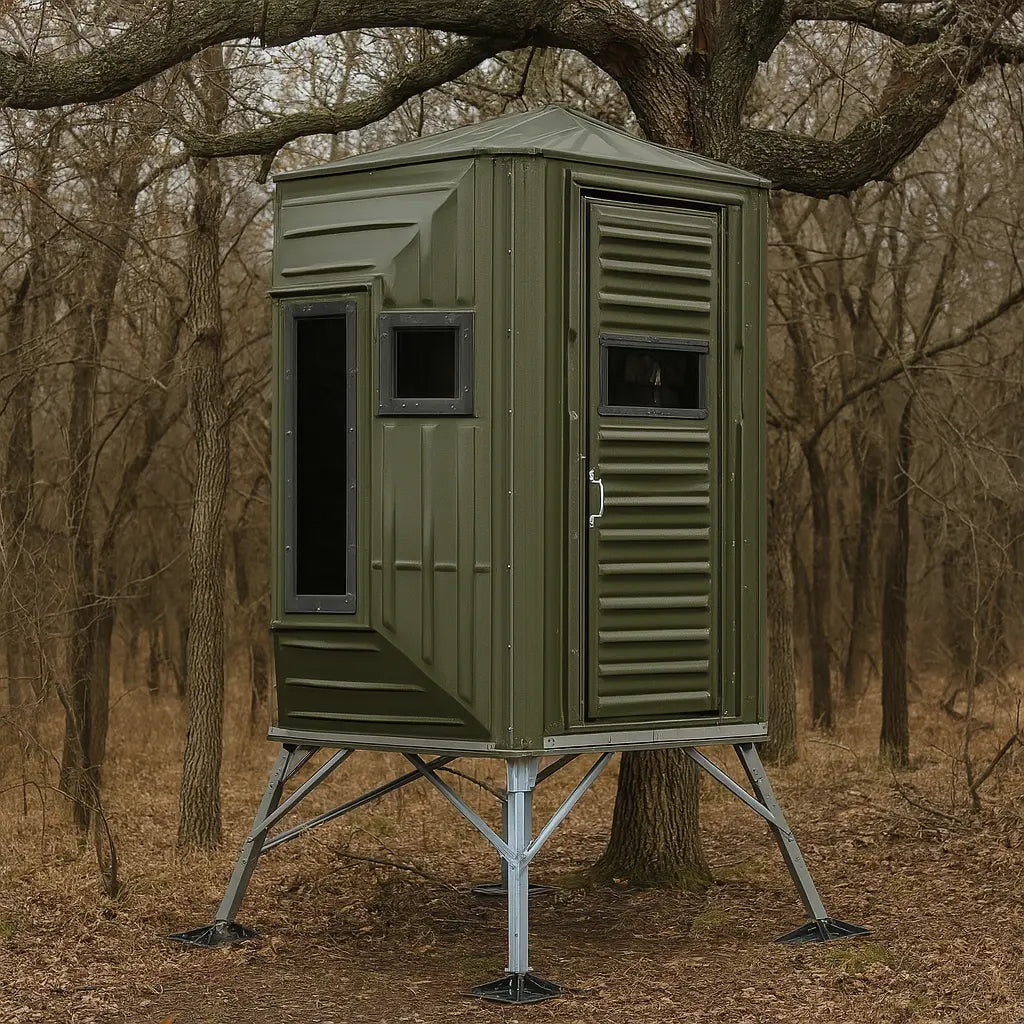 The Blynd 4x4 Bow Hunting Deer Blind elevated on a metal stand in a winter forest, featuring a vertical door and side shooting windows for optimal visibility and concealment.


