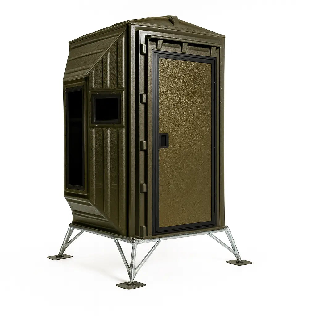 The Blynd 4x4 Bow Hunting Deer Blind on a white background, showcasing its elevated metal frame and side viewing windows.