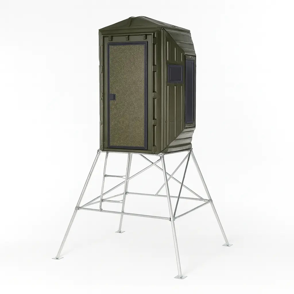 Wide product image of The Blynd 4x4 Bow Hunting Deer Blind on white, showing elevated steel stand and enclosed hunting platform.