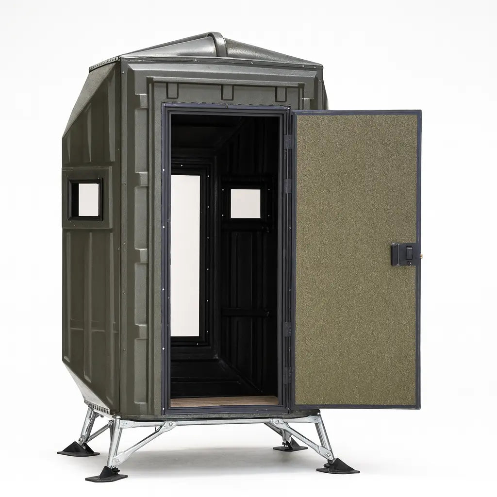 Front and side profile of The Blynd 4x4 Bow Hunting Deer Blind on white background, showing open door and interior.