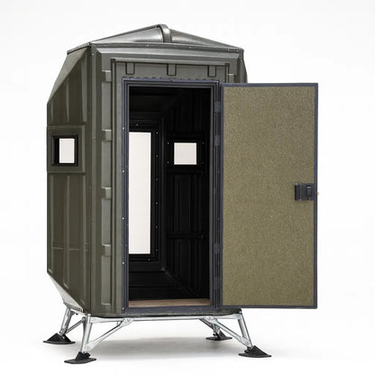 Front and side profile of The Blynd 4x4 Bow Hunting Deer Blind on white background, showing open door and interior.