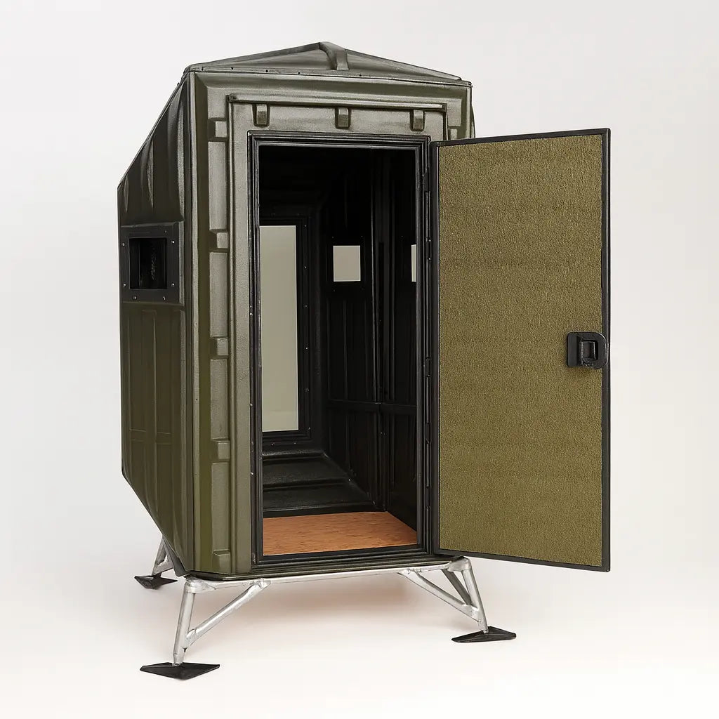 Front-facing view of The Blynd 4x4 Bow Hunting Deer Blind on white background, full-size door and durable exterior.