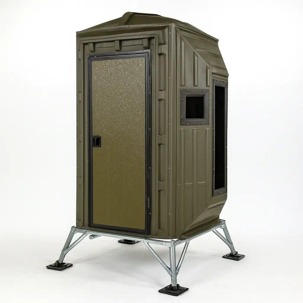 The Blynd 4x4 Bow Hunting Deer Blind with side viewing windows and steel base, isolated on a white background for product display.